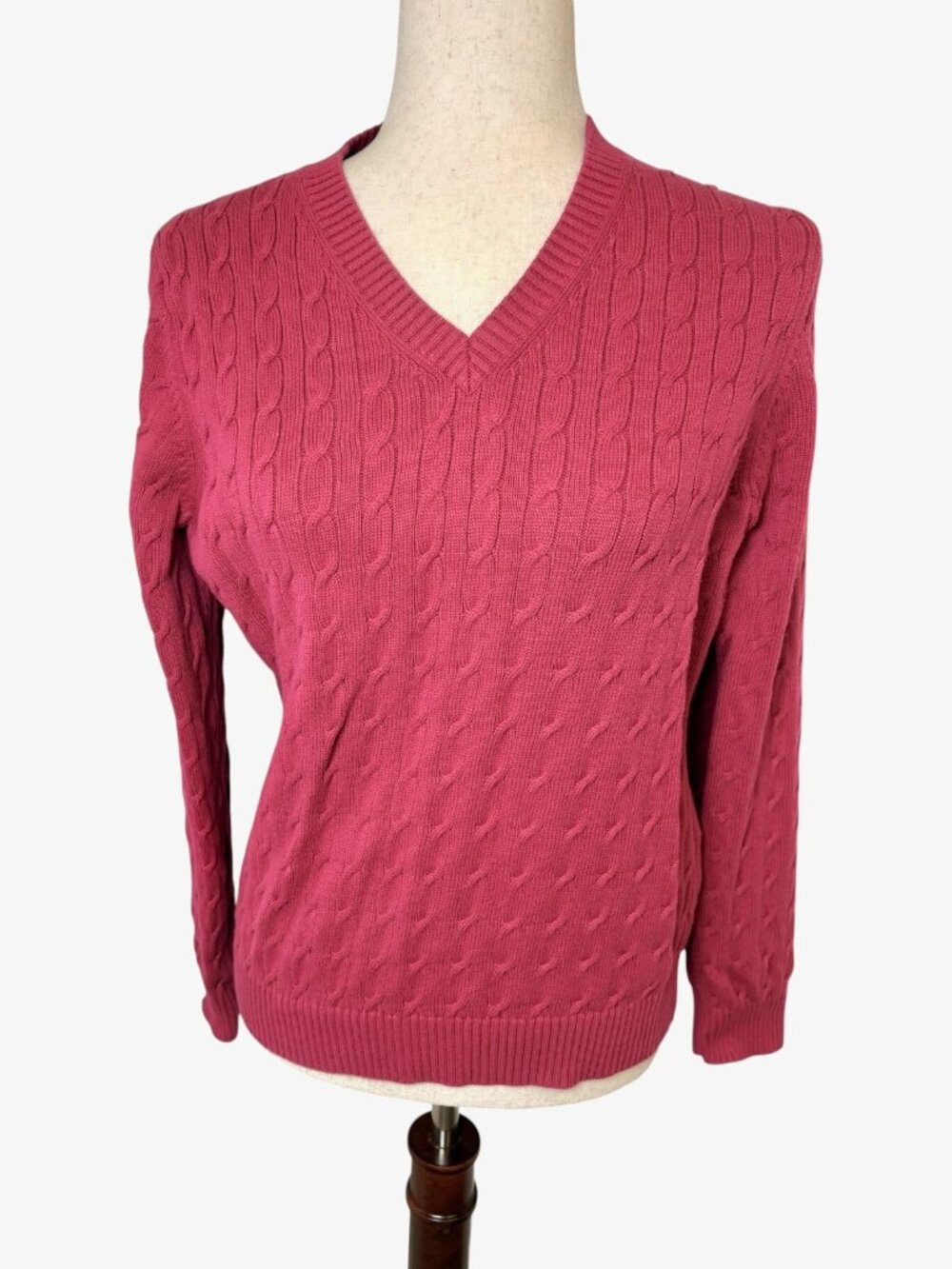 Brooks Brothers 346 Rasberry Pink Cable Knit Cotton V-Neck Sweater Size XL